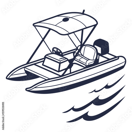 Dark blue catamaran boat with canopy and waves watercraft