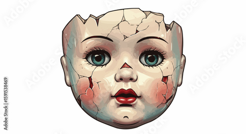 A broken antique doll's head, cracked with a serene yet melancholic expression.