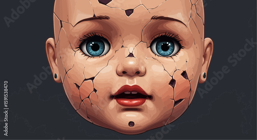 A close-up shot of a vintage doll with a cracked face, it evokes a sense of mystery and nostalgia.