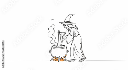 A witch stirring a bubbling cauldron.