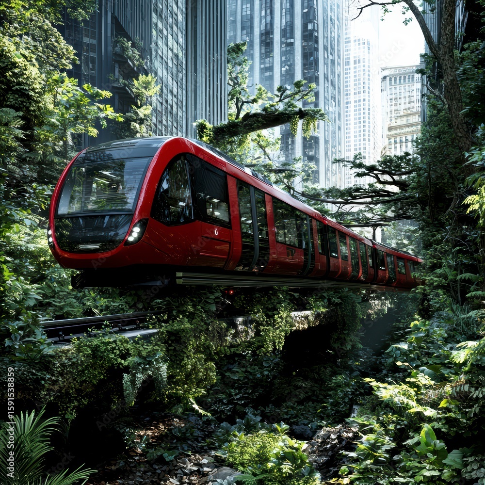 Fototapeta premium Red Train Navigating Through Lush Greenery in a Modern Cityscape