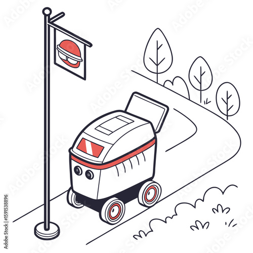 Delivery robot on road with sign automated transport