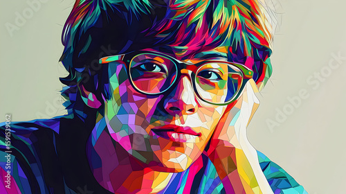 Colorful polygonal portrait of a young person with glasses, hands resting on cheeks.  A vibrant, geometric style is used to depict a thoughtful expression