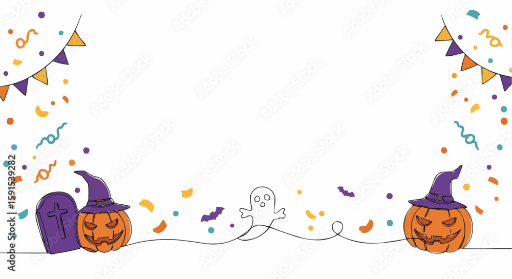 Fototapeta premium Halloween decorations and elements, like pumpkins with witch hats, a tombstone, and a ghost.