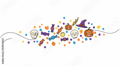 A Halloween-themed illustration featuring various festive elements scattered artistically.