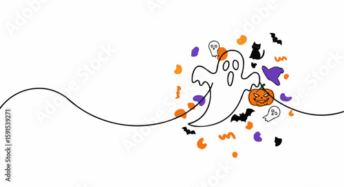 Spooky Halloween illustration with a single-line ghost carrying a pumpkin.