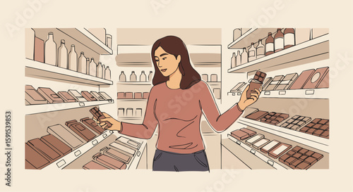 A woman browsing through products in a supermarket aisle, weighing options.