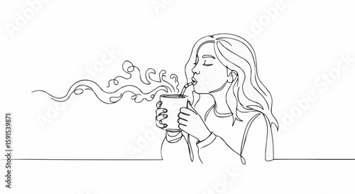 A woman taking a sip from a cup, with the steam rising gracefully. 