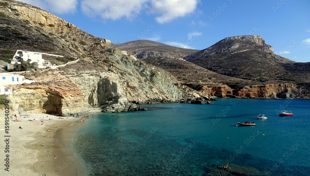 Fototapeta premium Picturesque beach in Folegandros, Cyclades. Scenic greek landscape with aegean sea and hills 