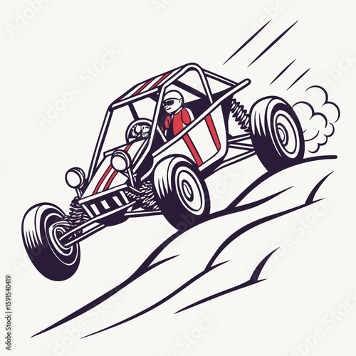 Off road buggy racing driver wearing red and white vehicle