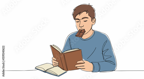 A boy reading a book and eating chocolate at the same time.