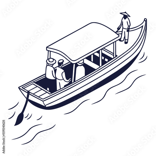 Gondola boat with passengers and rower water transportation