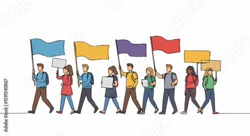 A line art illustration of a protest with flags and signboards.