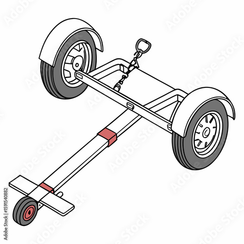 Gray wheeled trailer with red accents towing dolly