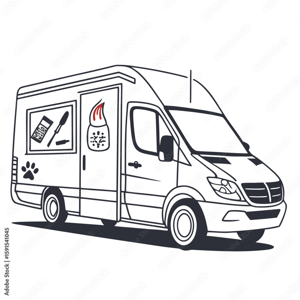 Naklejka premium Grooming van with paw print and tools mobile service