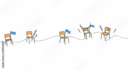 A row of empty chairs, each holding a small flag and wavy decorations.