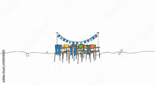 A line drawing of colorful chairs, symbolizing a celebration or event.