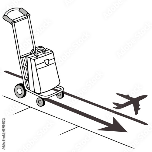 Luggage cart with briefcase and airplane symbol travel