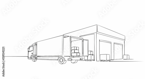 Illustration of a delivery truck parked in front of a warehouse.