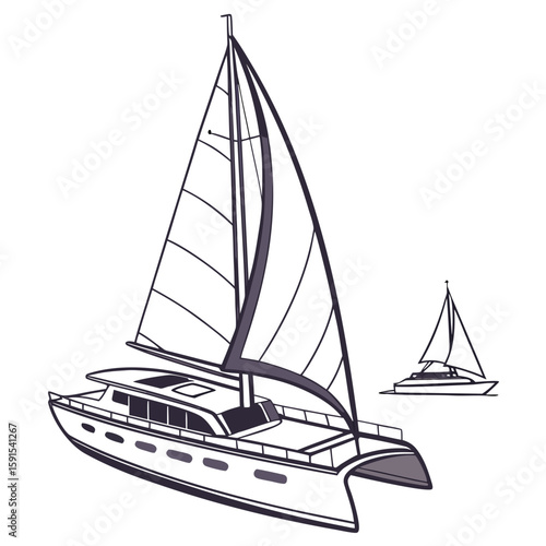 Luxury catamaran sailboat with distant vessel yacht