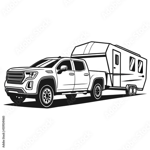 Luxury pickup truck towing travel trailer vector