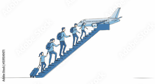 Passengers boarding an airplane with luggage, symbolizing a journey, adventure, and travel.
