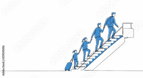A family ascends stairs, a symbolic representation of travel and upward mobility.