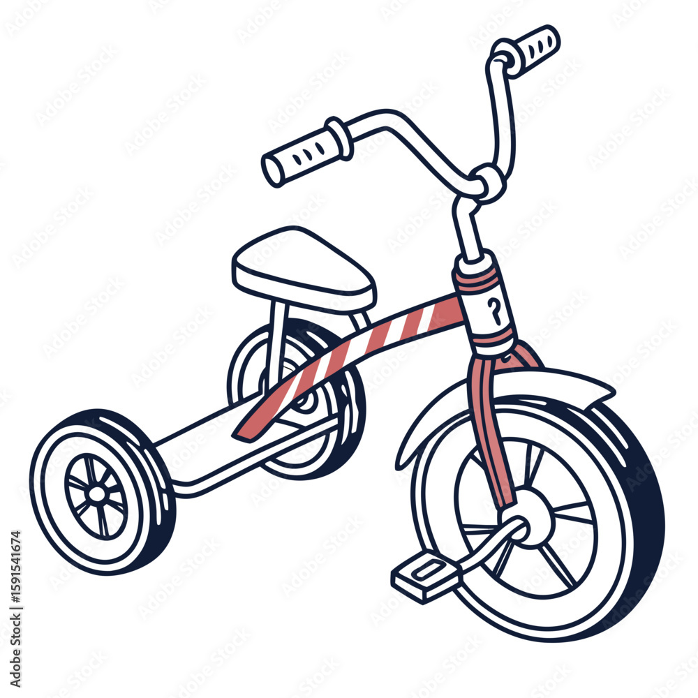 Red and white striped tricycle with question mark three wheeled vehicle children's toy Red and white striped tricycle with question mark three wheeled vehicle children's toy