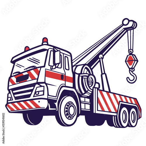 Red and white striped tow truck with dark blue accents heavy duty winch