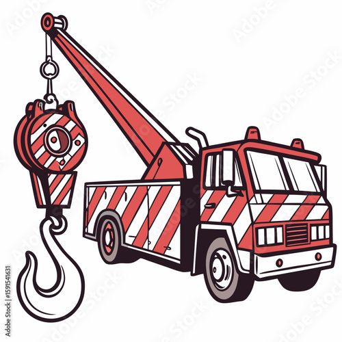 Red and white striped tow truck with hook crane
