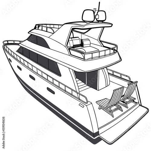 Luxury yacht with sun deck and lounge chairs motorboat