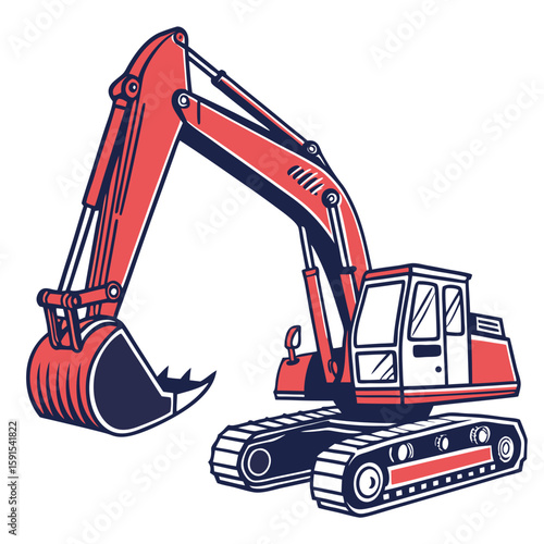 Red excavator digging with bucket construction heavy machinery