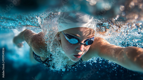 A girl in a swim cap, goggles, and suit performs the front crawl stroke