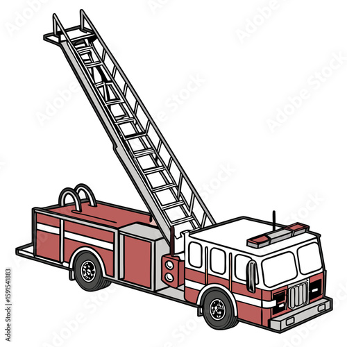 Red fire engine with extended ladder and white accents fire truck emergency vehicle