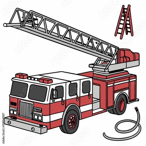 Red fire truck with ladder and hose rescue emergency vehicle