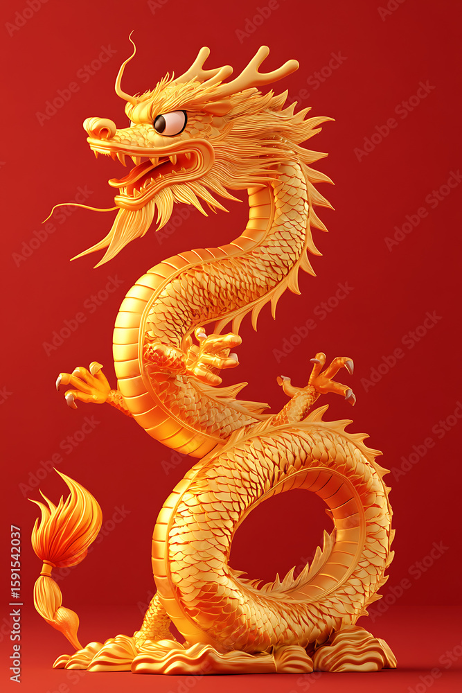Fototapeta premium Majestic golden dragon sculpture with intricate details against a vibrant red background