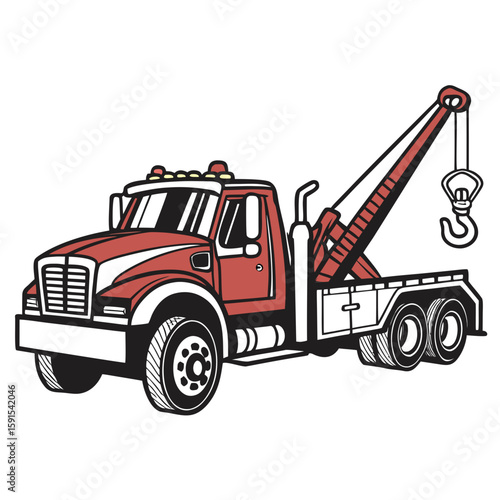 Red tow truck with hook and winch white black