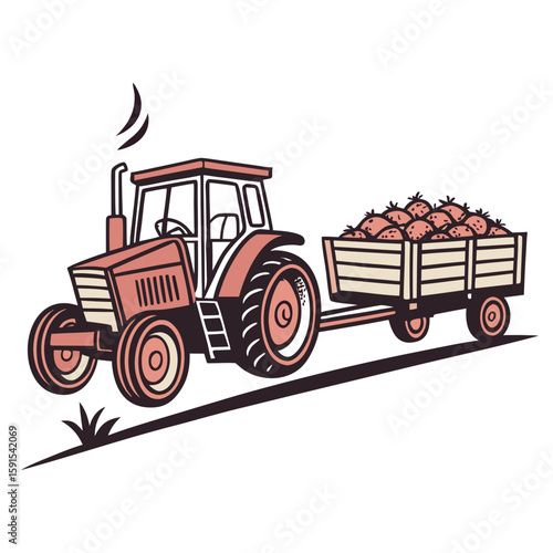 Red tractor hauling trailer full of fruit harvest farm