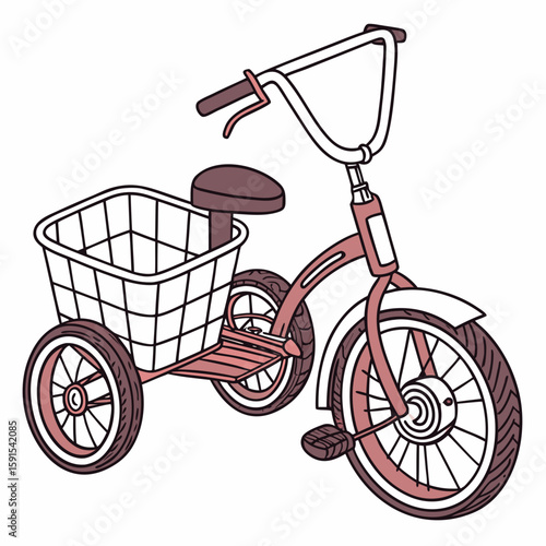 Red tricycle with basket and handlebars wheels