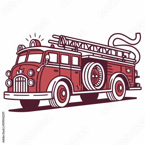 Retro red fire engine with ladder and hose fire truck vintage