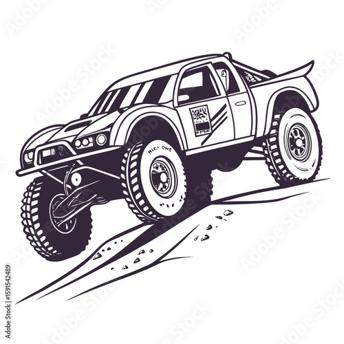 Off road racing truck climbing dirt mound off road truck