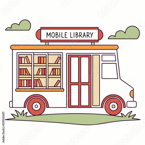 Mobile library bus with books and clouds shelves windows
