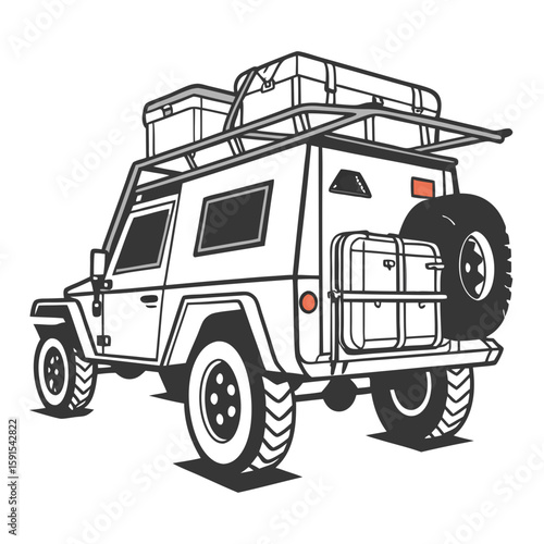 Rugged off road vehicle with camper and luggage trailer adventure