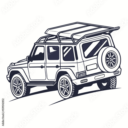 Rugged off road vehicle with roof rack and spare tire transport