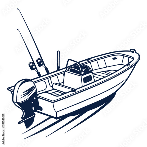 Motorboat with fishing rods and outboard motor vector