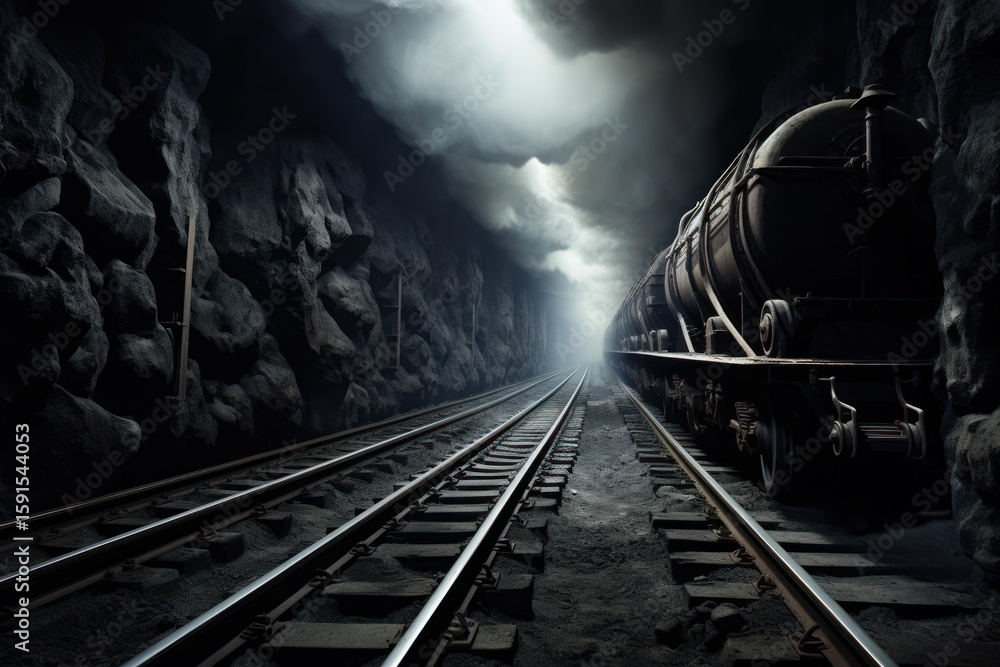 Naklejka premium Old, rusty tanker train is leaving a dark tunnel with light visible at the end