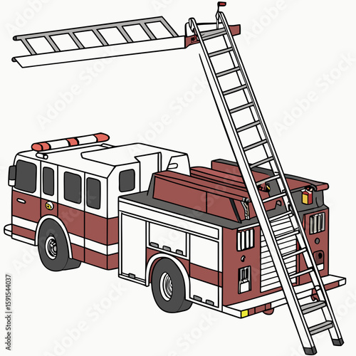 Red fire truck with extended ladder rescue emergency vehicle