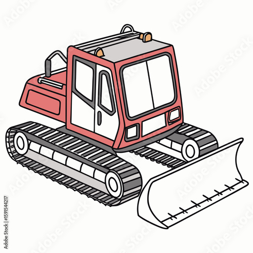 Red snow grooming vehicle with plow snowcat piste basher