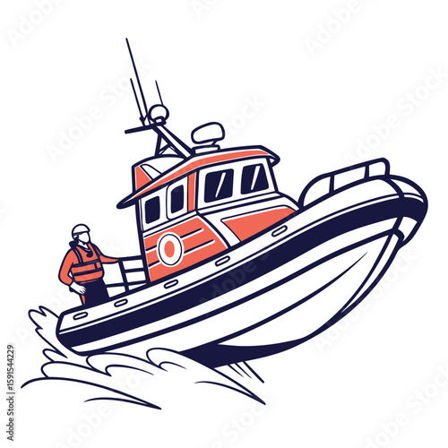 Orange rescue boat with person life vest maritime