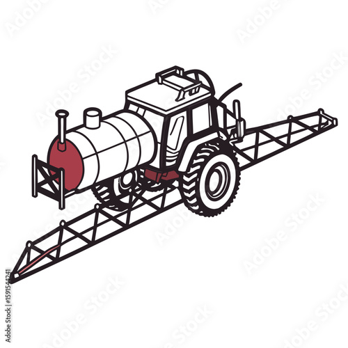Red tank sprayer vehicle with wide boom agricultural